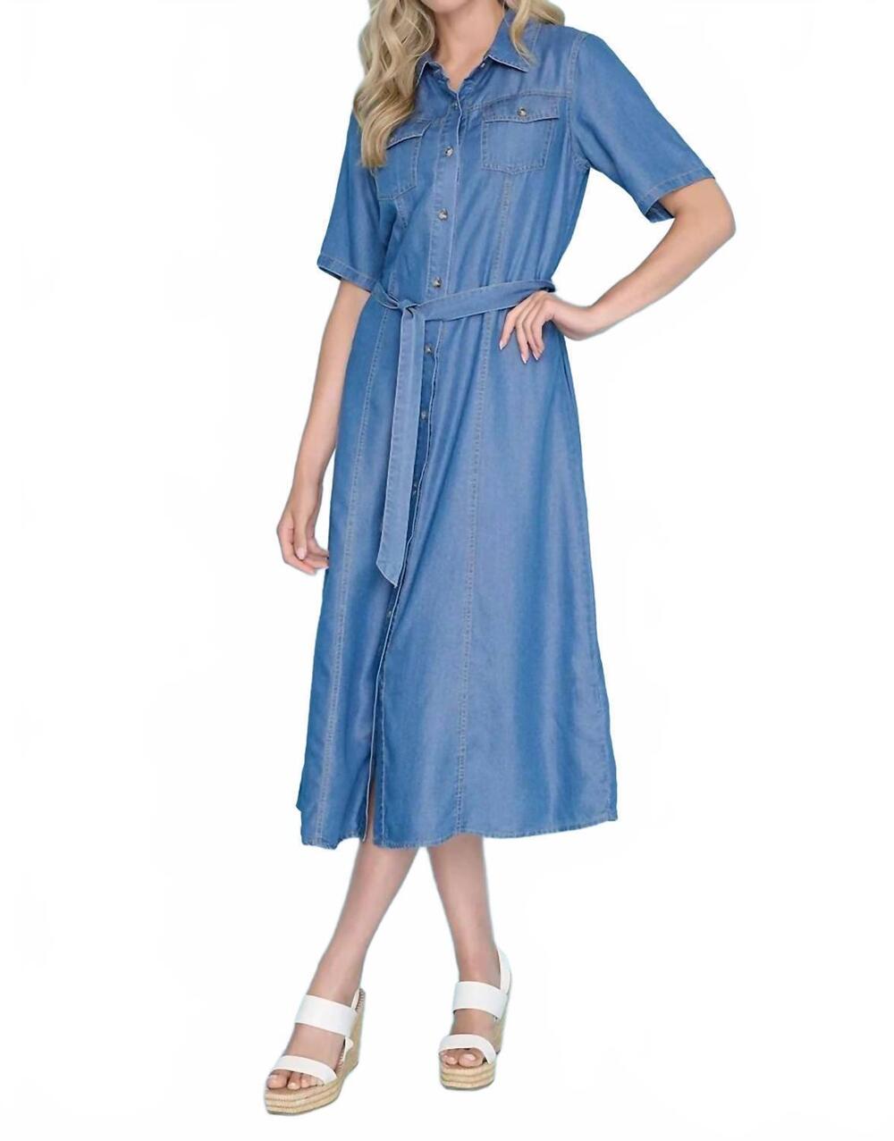 NEW PICADILLY short sleeves v-neckline dress in deep denim